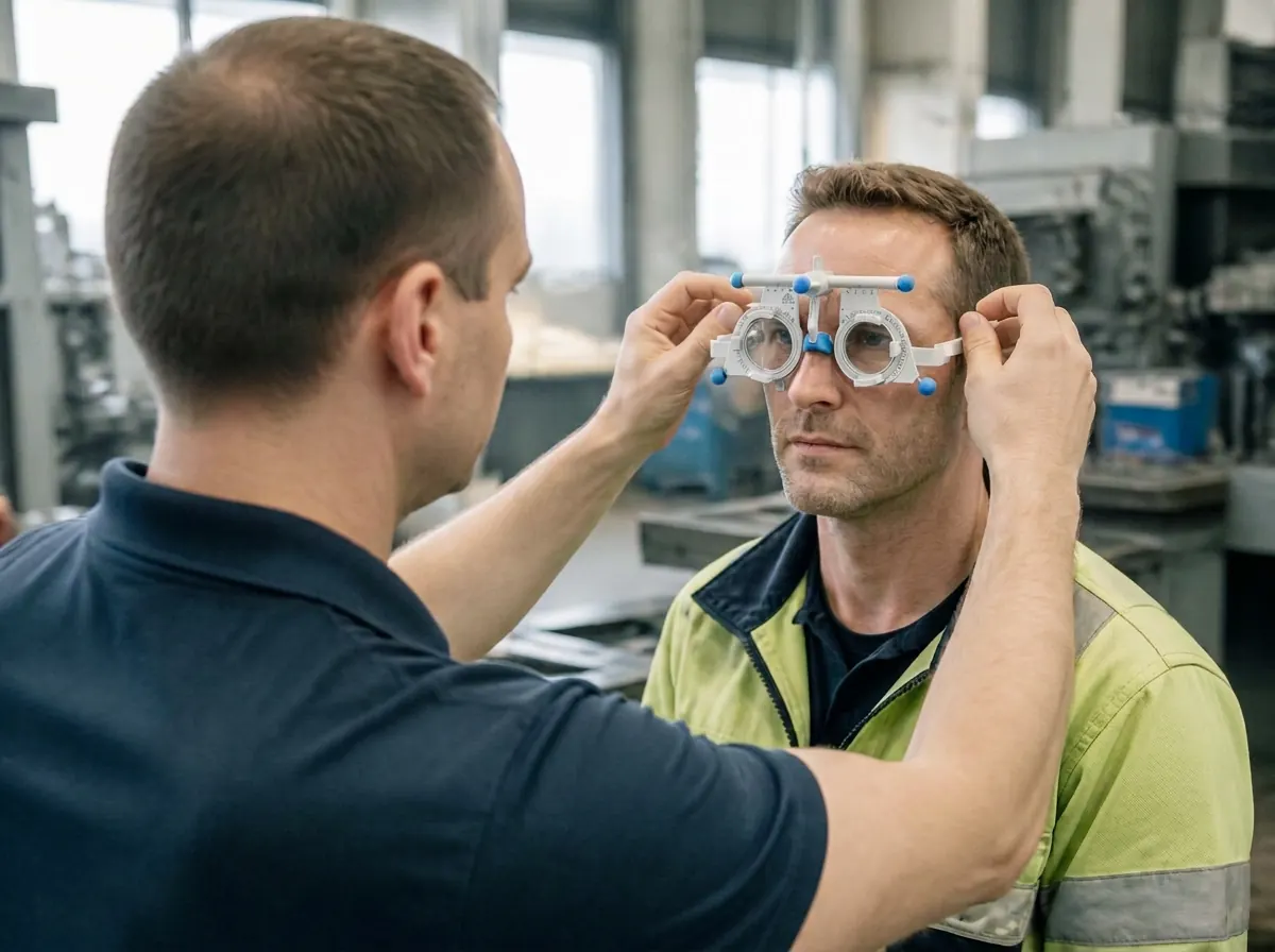 Unico-Spezialist nimmt bei einem Industriemitarbeiter Mass für eine korrigierte Schutzbrille