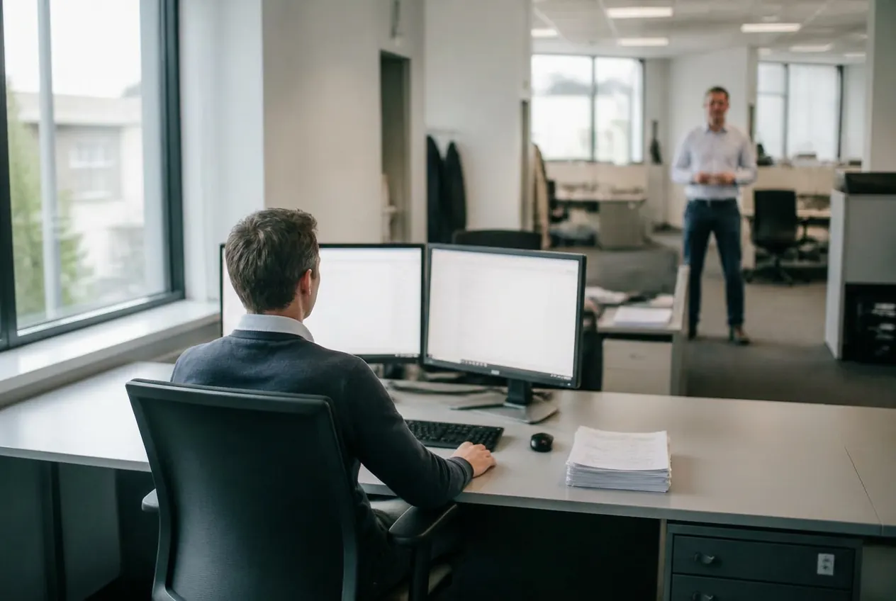 Arbeitsplatz mit zwei Monitoren, Dokumenten und einer Kollegin im Hintergrund